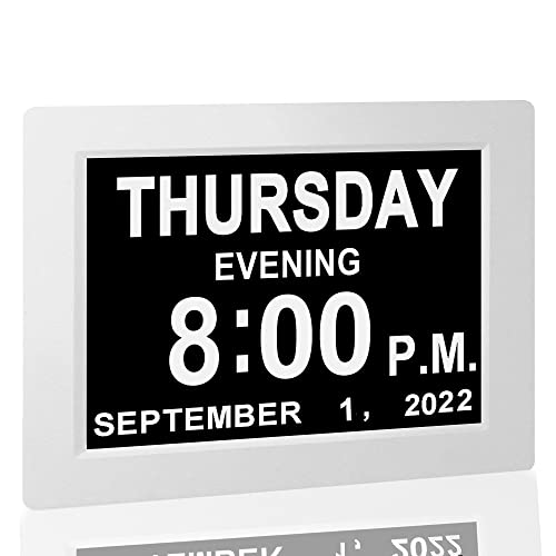 Upgraded Digital Calendar Alarm Day Clock - with 8" Large Screen Display, am pm, 5 Alarm, for Extra Large Impaired Vision People, The Aged Seniors, The Dementia, for Desk, Wall Mounted, White