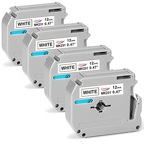 Compatible Label Tape Replacement for Brother P Touch M Tape M-K231 M-K231s MK231 M231 Work with Brother Ptouch PT-M95 PT-90 PT-70 PT-65 PT-85 45 Label Maker Refills, 12mm 0.47 White, 4-Pack
