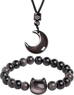 Black Obsidian Cat and Moon Jewelry Set for Women