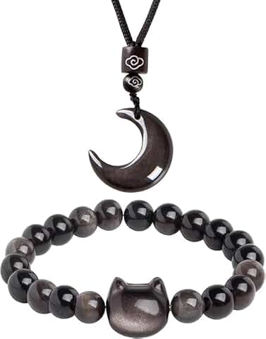 Black Obsidian Cat and Moon Jewelry Set for Women