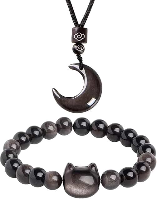 Black Obsidian Cat and Moon Jewelry Set for Women