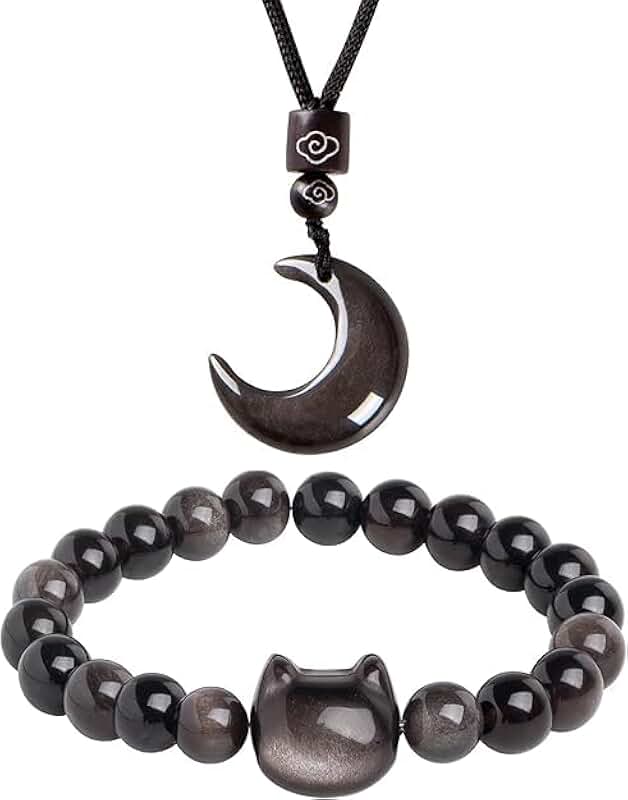 Black Obsidian Cat and Moon Jewelry Set for Women