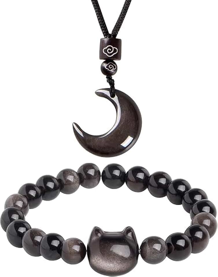 Black Obsidian Cat and Moon Jewelry Set for Women