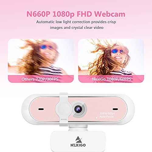 N660P 1080P 60FPS Webcam with Software Control, Dual Microphone & Cover, Autofocus, HD USB Computer Web Camera, for OBS/Zoom/Skype/FaceTime/Teams/Twitch, Pink