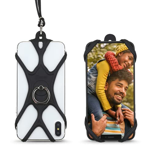 Universal silicone phone lanyard with ring grip and stand