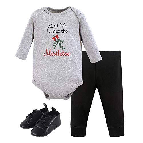 Uni  Baby Cotton Bodysuit, Pant and Shoe Set, Mistletoe, 0-3 Months