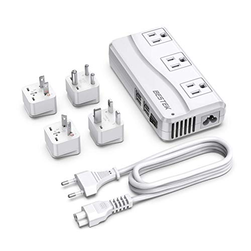 Universal travel adapter with 4 USB ports and 3 AC sockets
