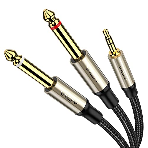 1/8 to 1/4 Stereo Cable (10ft/3m), 3.5mm 1/8'' TRS to Dual 6.35mm 1/4" TS Mono with Brass Plating Housing Braided Audio Breakout Cable for iPhone, Amp, Mixer, CD Players, Home Stereo Systems
