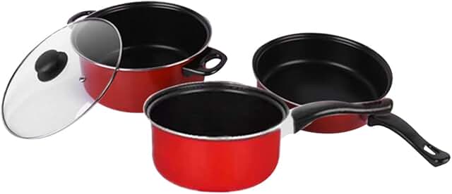 Set of three frying and soup pans for daily home cooking