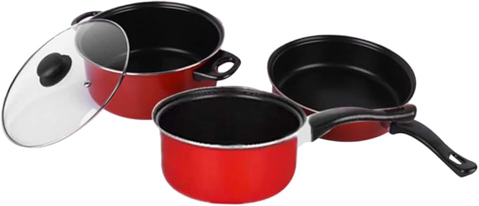 Set of three frying and soup pans for daily home cooking