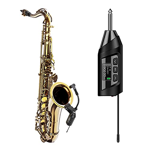 Wireless Saxophone Microphone System, Clip-On Instrument Microphone for Sax and Trumpet, Preset EQ & Level 196 Ft Transmission Rechargeable Compact Transmitter and Receiver 4.5 Hours
