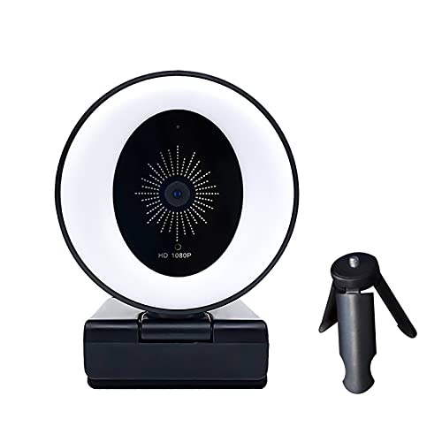 Webcam with Microphone for Desktop, 1080P Ring Light Full HD USB Computer Cameras with Tripod, Streaming Webcam with Rotable for Android/PC/Linux/Windows/Laptop(Black)