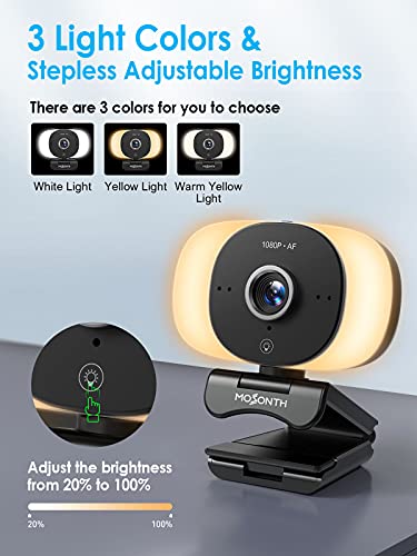 60FPS 1080P Webcam with Microphone,Autofocus Computer Camera with 3 Light Colors,Adjustable Brightness,Web Camera with Built-in Privacy Cover,Tripod,Streaming Webcam for Conferencing,Teaching