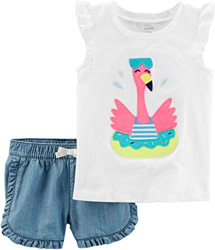 Infant Girls Pink Flamingo Baby Outfit Bird Shirt & Chambray Shorts 3m