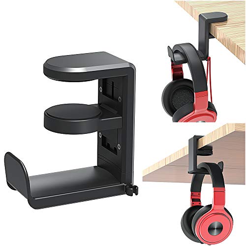 PC gaming headset holder with adjustable arm and cable clip