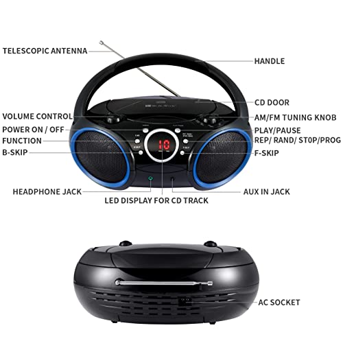 030C Portable CD Player Boombox with AM FM Stereo Radio, Aux Line in, Headphone Jack, Supported AC or Battery Powered (Black with a Touch of Blue Rims)