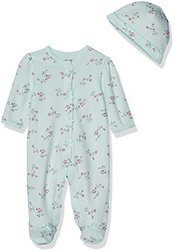 '-Girls   Floral Spray Footie and Hat, Mint Print, 6 Months