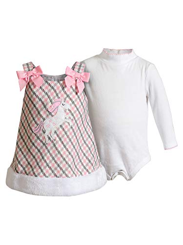 Baby Girls' Poly Plaid Jumper with Long Sleeve Bodysuit and Faux Fur Trim, Pink/Multi, 0-3M