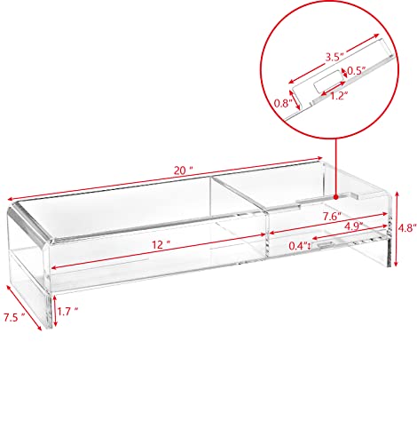 Premium Acrylic Monitor Stand, Monitor Riser/Computer Stand for Home Office Business w/Sturdy Platform, PC Desk Stand for Keyboard Storage, 20" W x 7.5" D x 4.8" H, Clear