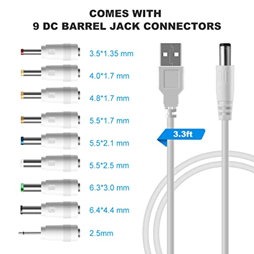 USB to DC Power Cable,Universal 5V DC Jack Charging Cable Power Cord with 9 Interchangeable Plugs Connectors Adapter Compatible with Massage Wand,Router,Speaker and More Devices