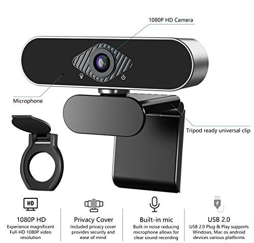 Webcam 1080P HD with Microphone & Privacy Cover, USB Web Cam with Live Streaming HD Video for Mac, PC, Computer and Laptop, Wide Angle Lens 1080P Web Camera with 360 Degree Flexible Mount