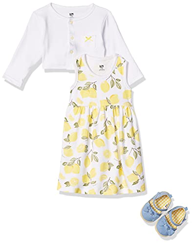 Girl Cotton Dress, Cardigan and Shoe Set, Lemon, 6-9 Months