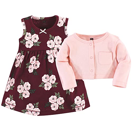girls  Cotton and Cardigan Set, Burgundy Floral, 0-3 Months Casual Dress, Burgundy Floral, 3 Months US