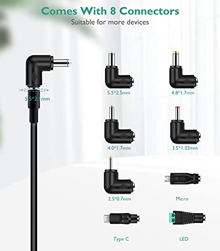 5V Universal USB Power Cable, USB to DC Charging Cable with 8 Tips(5.5x2.5, 4.8x1.7, 4.0x1.7, 3.5x1.35, 2.5x0.7, Micro USB, Type-C, Universal Connector)