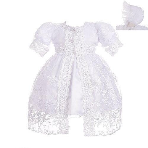 Baby Girls' Baptism Christening Gown White Dress with Lace Cape and Bonnet Embroidered Clothing Outfit Infant Size 3 Months