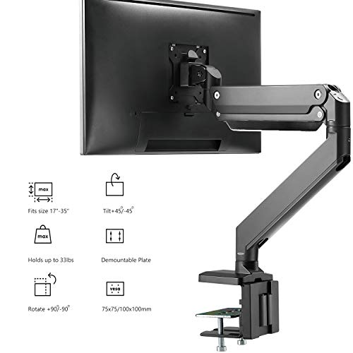 Single Monitor Gas Spring Desk Mount, Heavy Duty Monitor Arm for Ultrawide Screen up to 35 inch, 33 lbs. Fully Adjustable, VESA 75 and 100 (GSM001XL), Black
