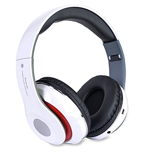 Bluetooth Rechargeable Over Ear Headset Foldable Wireless Wired Headphones with Memory Card Slot Built-in FM Tuner Microphone Audio Cable for Phone TV Computer MP3 Player - White