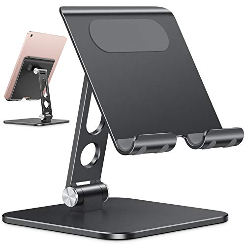 Upgraded Adjustable Tablet Stand Holder - iPad Stand Holder with Heavier Base, Heavy Duty Aluminum Foldable Desktop Tablet Dock Compatible with iPad 9th gen, iPad Mini 6 /Air/Pro (Black)