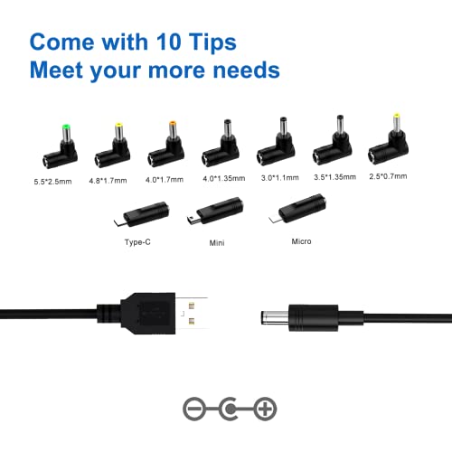 USB to DC 5V Power Charging Cable 5.5x2.1mm for Baby Monitor, Min Fan, TV Box, Camera, MP3, LED Pixel Light, Webcam with 10 Connector Tips
