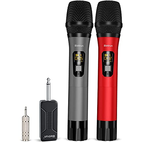 Wireless Microphone, UHF Metal Dual Handheld Cordless Dynamic Mic System with Rechargeable Receiver, 1/4Output, for Karaoke, Church, Speech, Wedding, Party Singing(160 ft Range)-Auto Connect