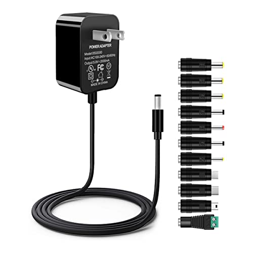 5V 2A Power Supply Adapter AC 100-240V to DC 5 Volt 2 Amp Wall Adapter UL Listed 10W Transformer with 11 DC Conversion Plug for LED Strip Lights Bluetooth Speaker Tablet USB Hub TV Box and More