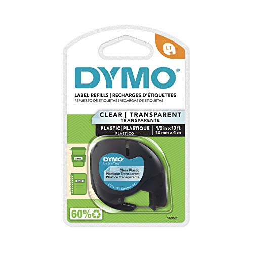'- DYM16952 Authentic LetraTag Labeling Tape for LetraTag Label Makers, Black Print on Clear pastic Tape, 1/2'' W x 13' L, 1 roll (16952)