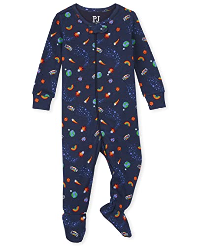 The Children s  Baby Single and Toddler Boys Snug Fit 100  Cotton Zip-Front One Piece Footed Pajama, Allover Space, 18-24 Months