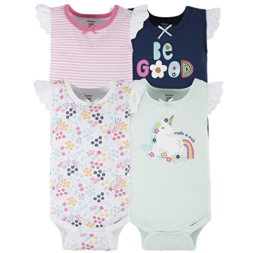 Baby Girls' 4-Pack Sleeveless Onesies Bodysuit, Blue Unicorn,