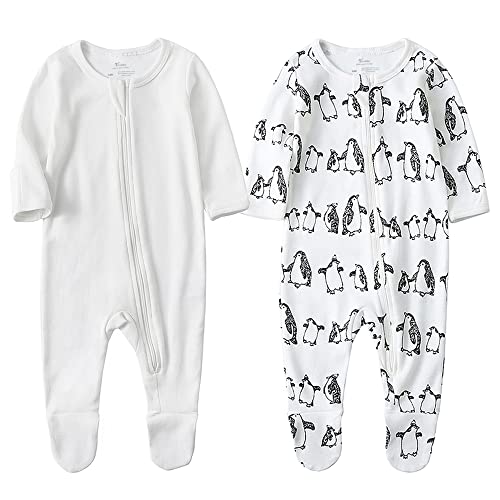 Boys Girls  Cotton Zip Front Sleeper Pajamas, Footed Sleep  n Play 3-6 Months, Ivory Penguin