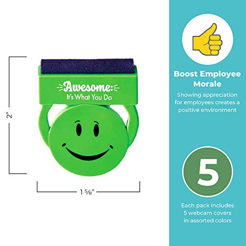Web Cam Privacy Cover Includes Screen Cleaner - 5 Pack - Smiley Assorted Colors - Employee Appreciation Recognition Thank You Gift by