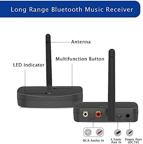 BE-RCA Long Range Bluetooth Audio Adapter, HiFi Wireless Music Receiver, Bluetooth 5.0 Receiver for Wired Speakers or Home Music Streaming Stereo System, Black
