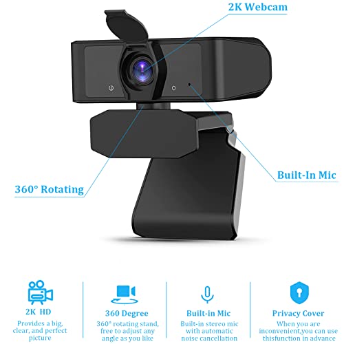 Webcam with Microphone for Desktop, 2K Web Camera, USB Webcam with 120 Degree View Angle, HD Webcam for Streaming, Video Calling, Recording, Meeting, Conferencing, Gaming
