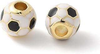 Set of 10 Enamel Football Beads, 7.5mm, Brass Round Beads