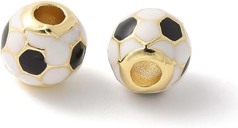 Set of 10 Enamel Football Beads, 7.5mm, Brass Round Beads