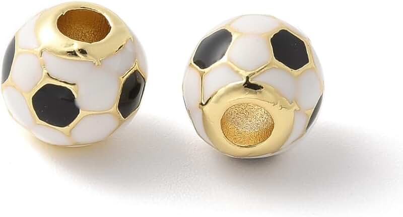 Set of 10 Enamel Football Beads, 7.5mm, Brass Round Beads