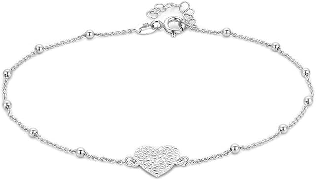 Love-Theme Textured Heart Anklet in Silver, 9" + 1" Extender