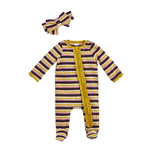 Baby Girl's Sleeper and Headband Set, Mustard/Pink, 0-3 Months