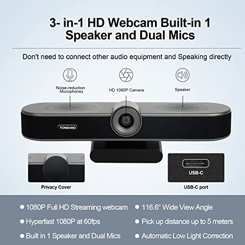 1080P 60FPS Streaming Webcam with Microphones and Speaker, 116.6 Wide View Web Camera with Noise Reduction Mics and Privacy Cover PC Webcam for Zoom/Skype/Teams Conferencing and Video Calling