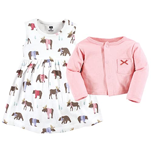 Girls Cotton Dress and Cardigan Set, Pink Moose Bear, 3-6 Months