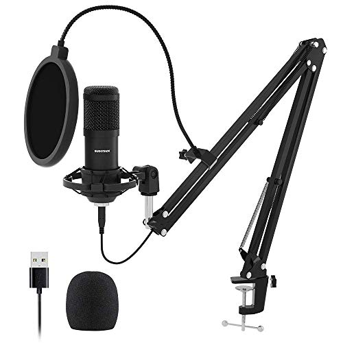 USB Streaming Podcast PC Microphone, Professional 192KHZ/24Bit Studio Cardioid Condenser Mic Kit with Sound Card Boom Arm Shock Mount Pop Filter, for Skype Youtuber Karaoke Gaming Recording